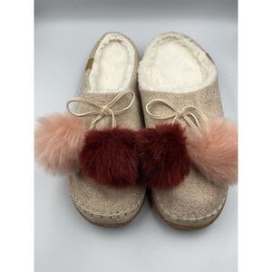 Toms Women's Slippers with Faux Fur Pom Poms - Cream and Pink